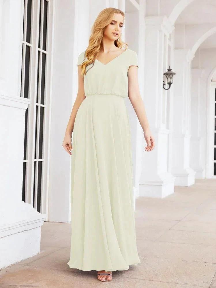Numbersea V-Neck Bridesmaid Dresses Long Cap Sleeves Prom Evening Formal Gowns 28071