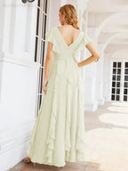 Ruffled Bridesmaid Dresses with Sleeves Long Formal Party Dress 28041