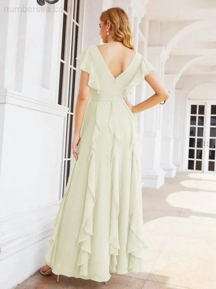 Ruffled Bridesmaid Dresses with Sleeves Long Formal Party Dress 28041