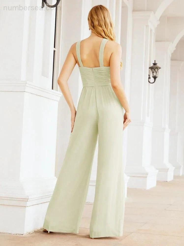 Numbersea Crisscross Neck Jumpsuit Formal Evening Dress Long Bridesmaid Dresses Bell-bottomed Pants 28033