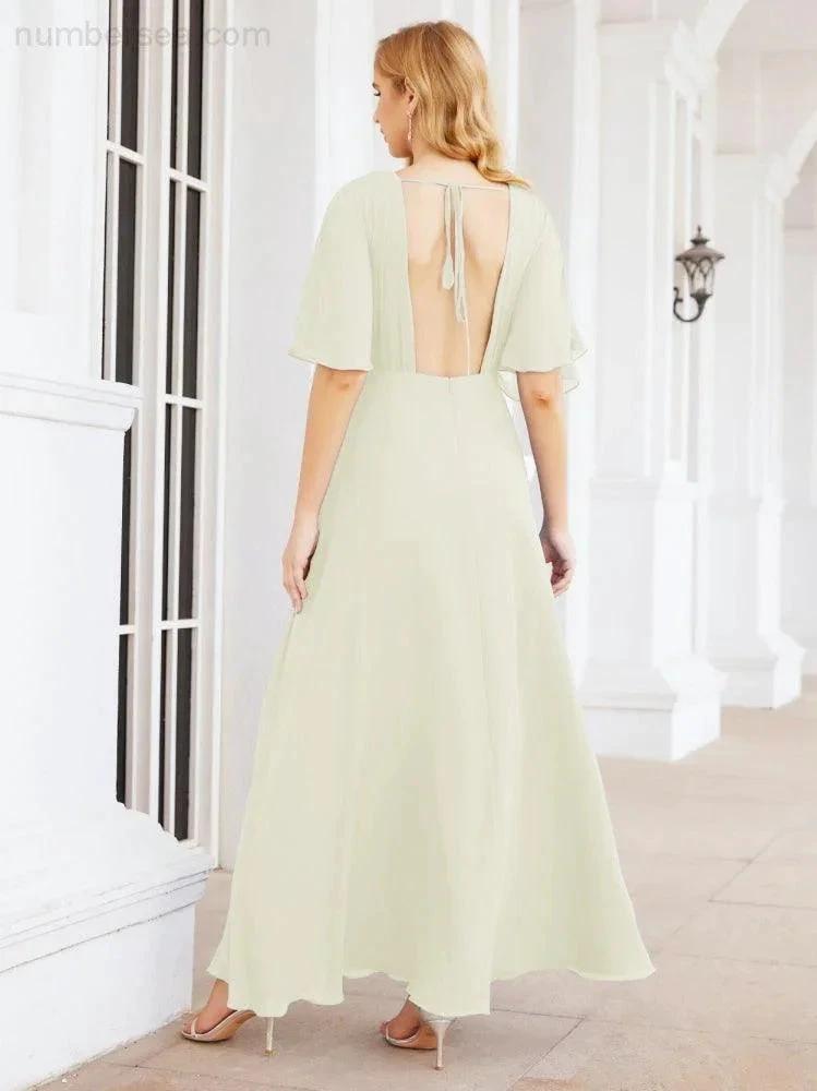 Numbersea V-Neck Bridesmaid Dress Chiffon Long Open Back Formal Dresses for Women Party Evening 28067