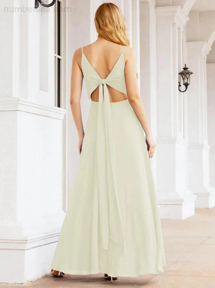 Numbersea Spaghetti Strap Bridesmaid Dresses V Neck Butterfly Back Fromal Evening Party Prom Gown 28036
