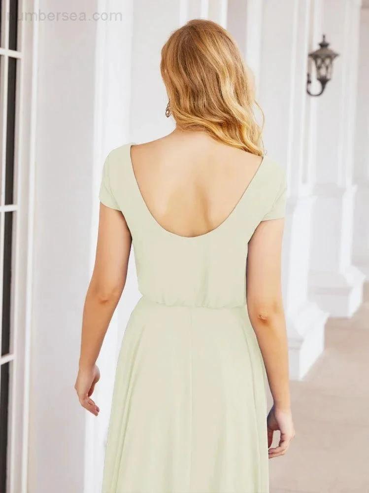 Numbersea V-Neck Bridesmaid Dresses Long Cap Sleeves Prom Evening Formal Gowns 28071