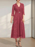 A-line V-Neck Tea-Length Chiffon Mother of the Bride Dress