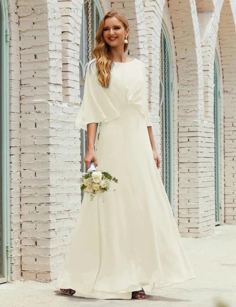 Sunnderly  Bridesmaid Dress Women Long Sleeve V-Neck Chiffon Formal Wedding Party Dress SY28018