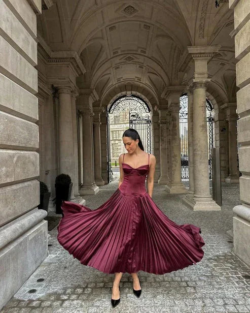Vintage A Line Straps Burgundy Satin Long Prom Dress Evening Dress Y7994