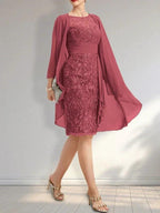 Sheath Scoop Illusion Knee-Length Lace Chiffon Mother of the Bride Dress With Cascading Ruffles Sequins