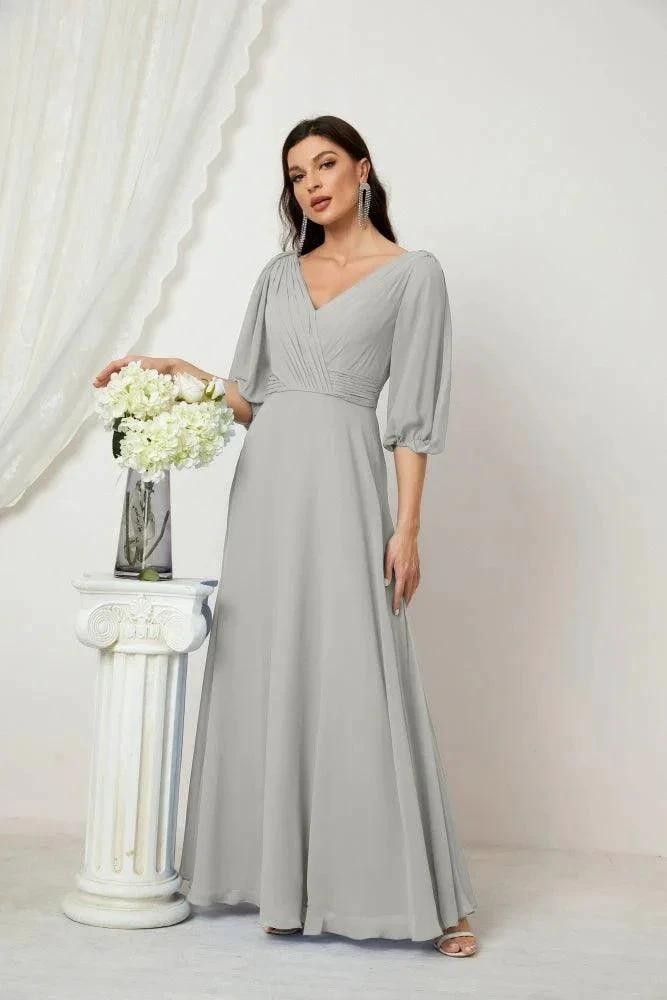 Numbersea  Formal Prom Gown Women V-Neck Chiffon Bridesmaid Dresses Long Bishop Sleeve Party Dress 2807