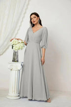Numbersea  Formal Prom Gown Women V-Neck Chiffon Bridesmaid Dresses Long Bishop Sleeve Party Dress 2807