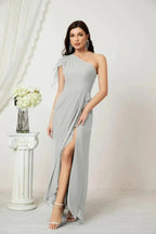 Numbersea  Chiffon Ruffled One Shoulder Long Bridesmaid Dresses A-line Formal Evening Gown Side Split 2809