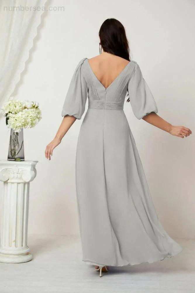 Numbersea  Formal Prom Gown Women V-Neck Chiffon Bridesmaid Dresses Long Bishop Sleeve Party Dress 2807