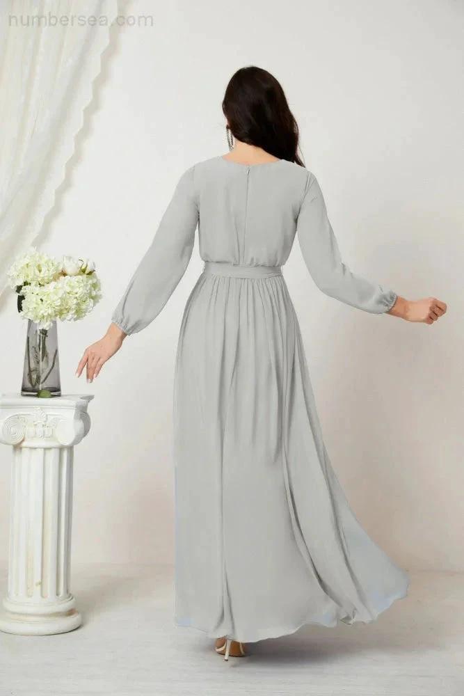 Sunnderly Evening Dresses Deep V-Neck Chiffon Bridesmaid Dresses Long Bishop Sleeve Side Split Formal Dress SY2806