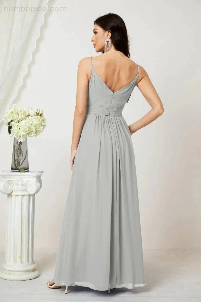 Numbersea Chiffon V-Neck Bridesmaid Dress Spaghetti Strap Long Formal Party Prom Gowns with Slit 28010