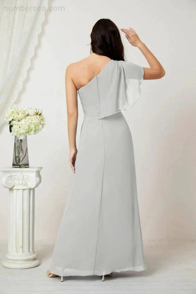 Numbersea  Chiffon Ruffled One Shoulder Long Bridesmaid Dresses A-line Formal Evening Gown Side Split 2809