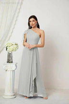Numbersea  Chiffon Ruffled One Shoulder Long Bridesmaid Dresses A-line Formal Evening Gown Side Split 2809