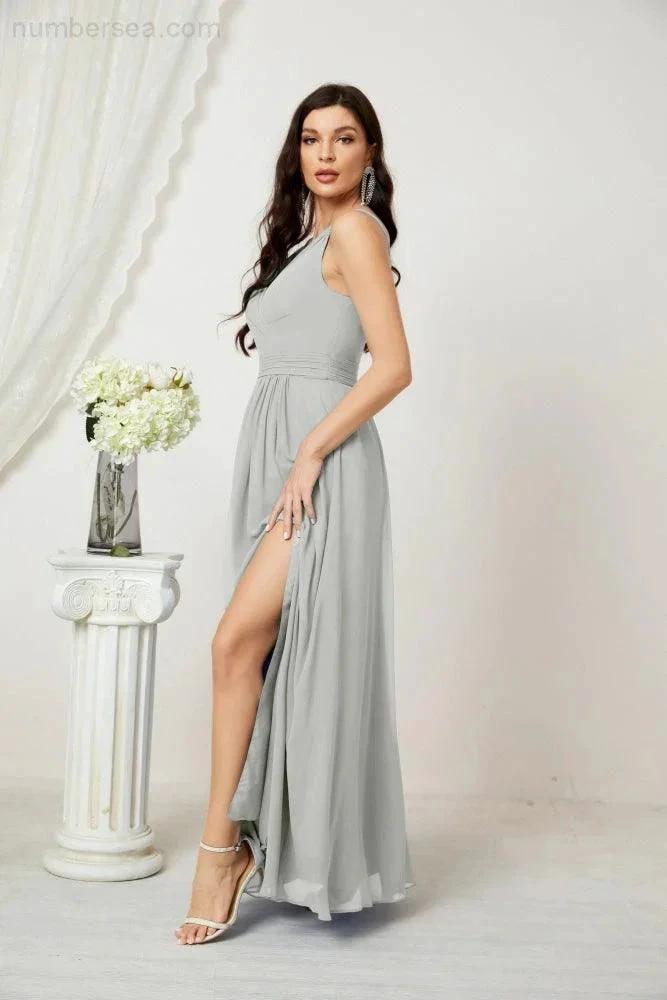 Numbersea Chiffon V-Neck Bridesmaid Dress Spaghetti Strap Long Formal Party Prom Gowns with Slit 28010