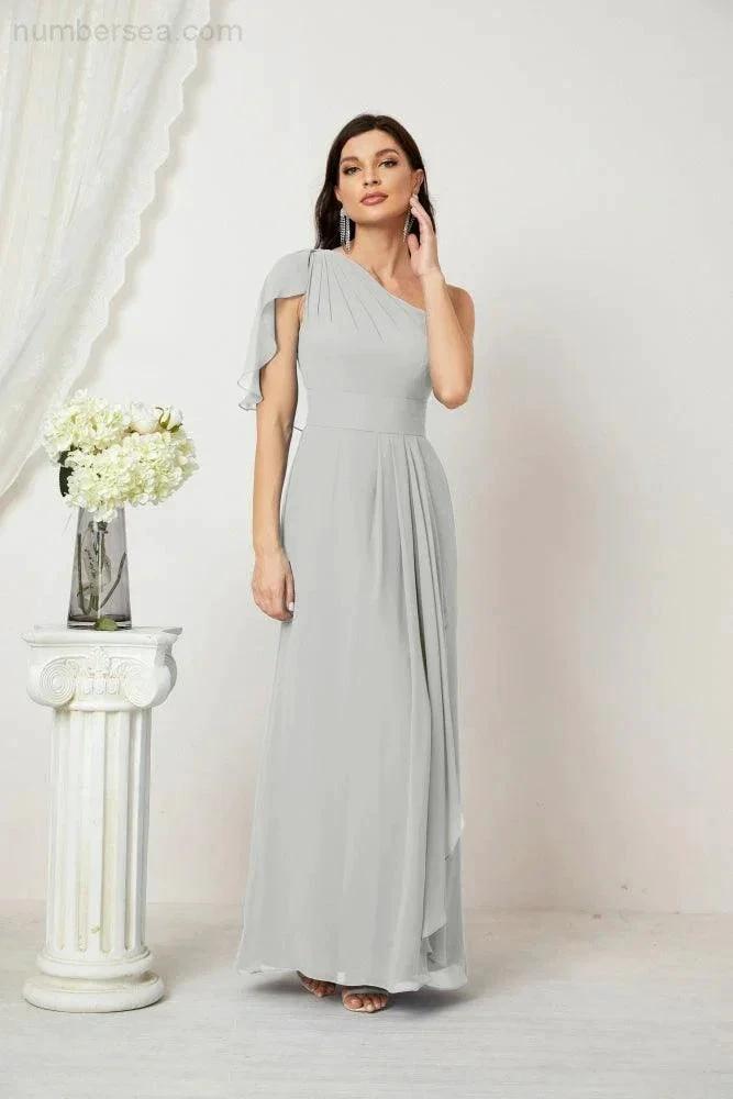Numbersea  Chiffon Ruffled One Shoulder Long Bridesmaid Dresses A-line Formal Evening Gown Side Split 2809