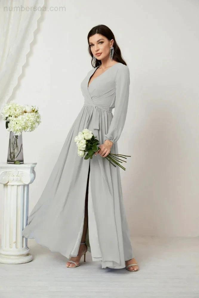 Sunnderly Evening Dresses Deep V-Neck Chiffon Bridesmaid Dresses Long Bishop Sleeve Side Split Formal Dress SY2806
