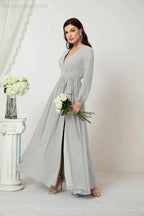 Sunnderly Evening Dresses Deep V-Neck Chiffon Bridesmaid Dresses Long Bishop Sleeve Side Split Formal Dress SY2806