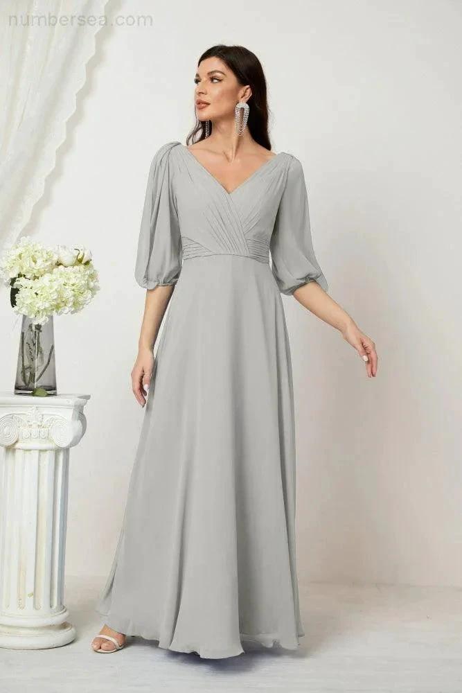 Numbersea  Formal Prom Gown Women V-Neck Chiffon Bridesmaid Dresses Long Bishop Sleeve Party Dress 2807