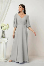 Numbersea  Formal Prom Gown Women V-Neck Chiffon Bridesmaid Dresses Long Bishop Sleeve Party Dress 2807