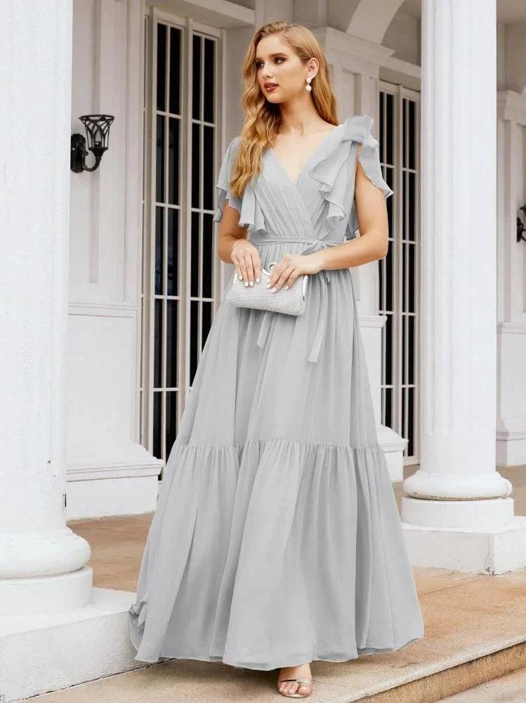 Numbersea Women's Open Back Formal Evening Party Prom Gowns V-Neck Long Chiffon Bridesmaid Dresses with Waist Belt 28038