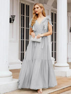 Numbersea Women's Open Back Formal Evening Party Prom Gowns V-Neck Long Chiffon Bridesmaid Dresses with Waist Belt 28038