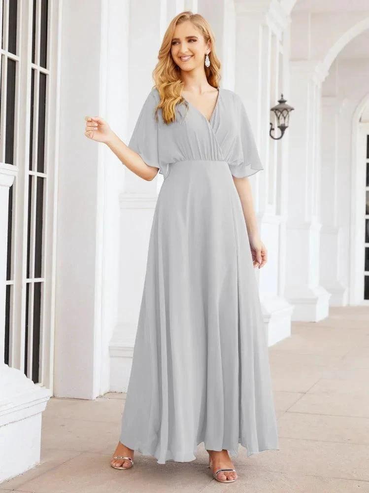 Numbersea V-Neck Bridesmaid Dress Chiffon Long Open Back Formal Dresses for Women Party Evening 28067