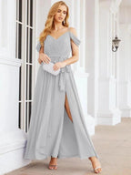 Numbersea Off The Shoulder Chiffon Bridesmaid Dress Long Formal Graduation Gown with Cowl Back 28069