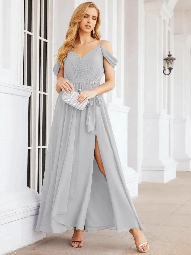 Numbersea Off The Shoulder Chiffon Bridesmaid Dress Long Formal Graduation Gown with Cowl Back 28069