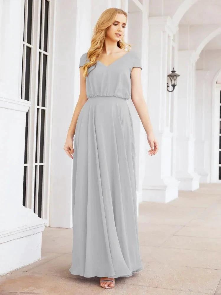 Numbersea V-Neck Bridesmaid Dresses Long Cap Sleeves Prom Evening Formal Gowns 28071
