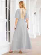 Numbersea V-Neck Bridesmaid Dress Chiffon Long Open Back Formal Dresses for Women Party Evening 28067