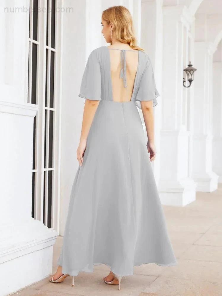 Numbersea V-Neck Bridesmaid Dress Chiffon Long Open Back Formal Dresses for Women Party Evening 28067