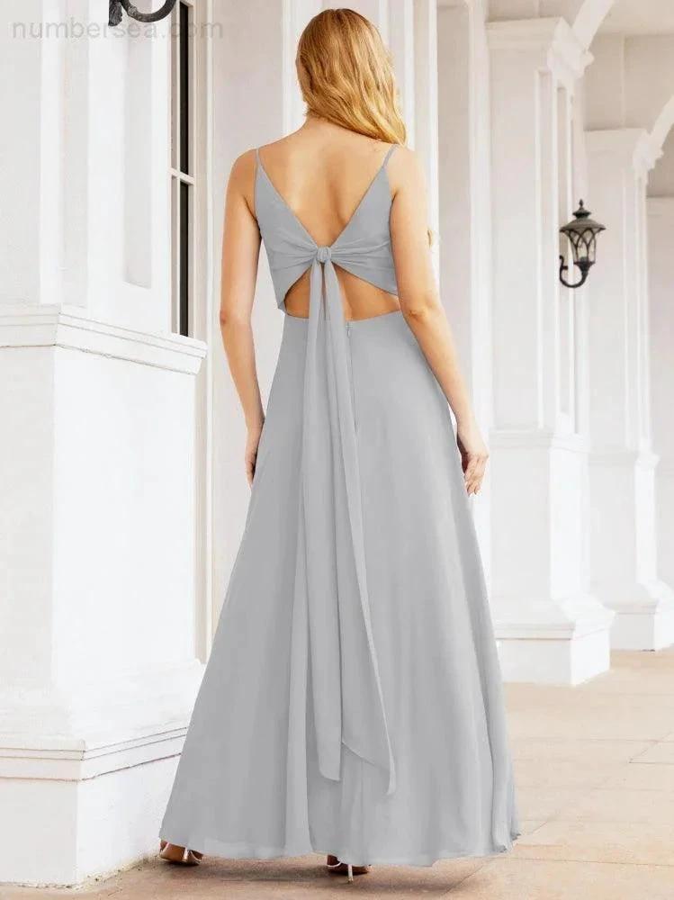Numbersea Spaghetti Strap Bridesmaid Dresses V Neck Butterfly Back Fromal Evening Party Prom Gown 28036
