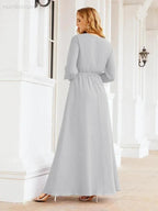 Sunnderly Women's Chiffon Bridesmaid Dress A line Long Sleeves Formal Evening Prom Gown for Wedding Guest SY28032