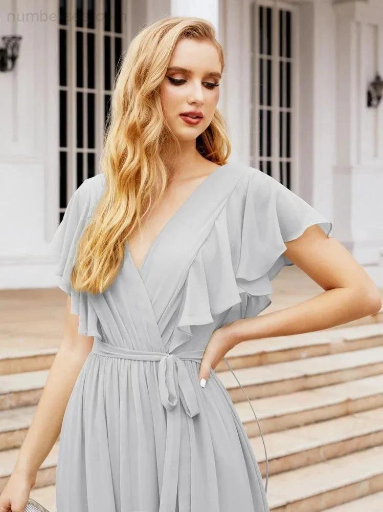 Numbersea Women's Open Back Formal Evening Party Prom Gowns V-Neck Long Chiffon Bridesmaid Dresses with Waist Belt 28038