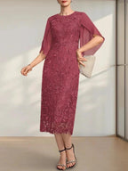 Sheath/Column Scoop Tea-Length Lace Chiffon Mother of the Bride Dress