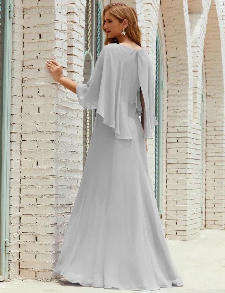 Sunnderly  Bridesmaid Dress Women Long Sleeve V-Neck Chiffon Formal Wedding Party Dress SY28018