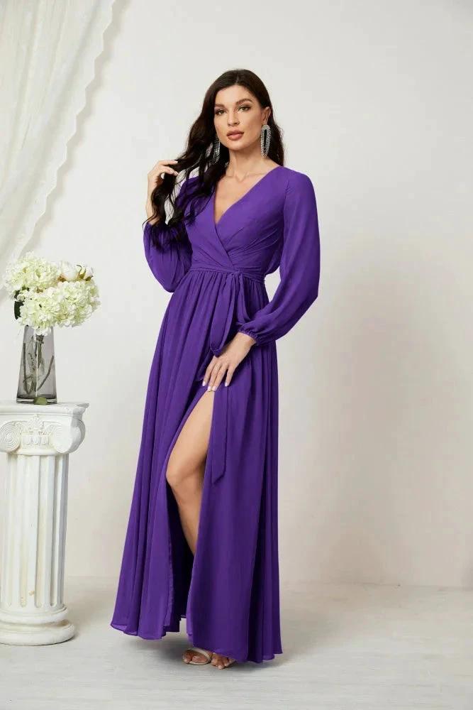 Sunnderly Evening Dresses Deep V-Neck Chiffon Bridesmaid Dresses Long Bishop Sleeve Side Split Formal Dress SY2806