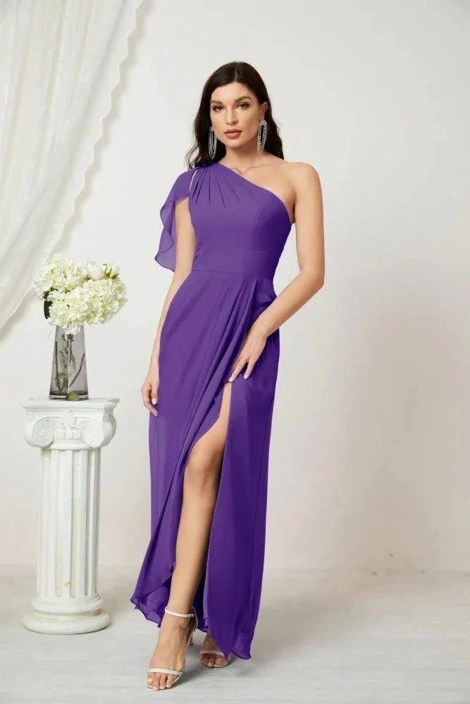 Numbersea  Chiffon Ruffled One Shoulder Long Bridesmaid Dresses A-line Formal Evening Gown Side Split 2809