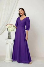 Numbersea  Formal Prom Gown Women V-Neck Chiffon Bridesmaid Dresses Long Bishop Sleeve Party Dress 2807