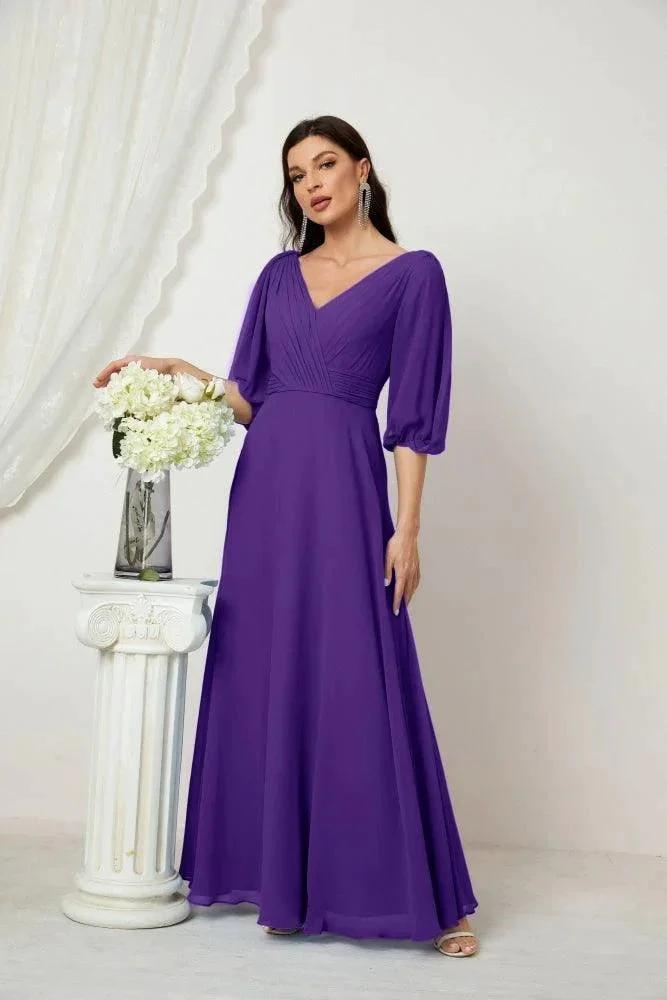 Numbersea  Formal Prom Gown Women V-Neck Chiffon Bridesmaid Dresses Long Bishop Sleeve Party Dress 2807