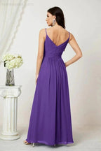 Numbersea Chiffon V-Neck Bridesmaid Dress Spaghetti Strap Long Formal Party Prom Gowns with Slit 28010