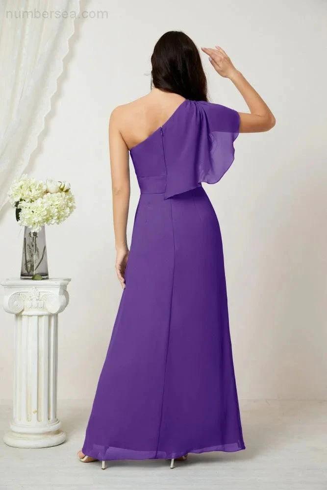 Numbersea  Chiffon Ruffled One Shoulder Long Bridesmaid Dresses A-line Formal Evening Gown Side Split 2809