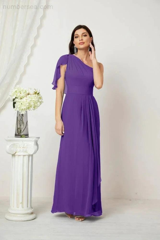 Numbersea  Chiffon Ruffled One Shoulder Long Bridesmaid Dresses A-line Formal Evening Gown Side Split 2809