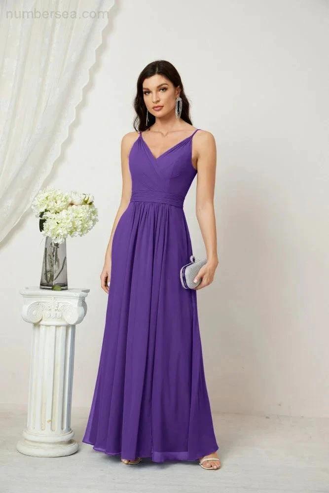 Numbersea Chiffon V-Neck Bridesmaid Dress Spaghetti Strap Long Formal Party Prom Gowns with Slit 28010