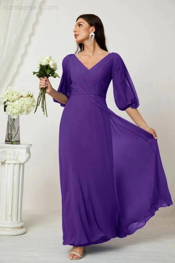 Numbersea  Formal Prom Gown Women V-Neck Chiffon Bridesmaid Dresses Long Bishop Sleeve Party Dress 2807