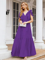 Numbersea Women's Open Back Formal Evening Party Prom Gowns V-Neck Long Chiffon Bridesmaid Dresses with Waist Belt 28038