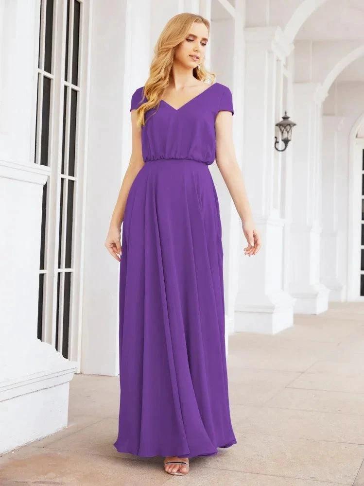 Numbersea V-Neck Bridesmaid Dresses Long Cap Sleeves Prom Evening Formal Gowns 28071