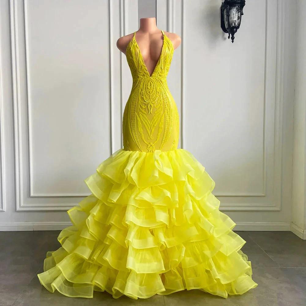 Yellow Long V Neck Halter Mermaid Tulle Lace Prom Dress with Ruffle